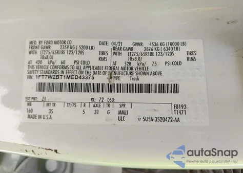 2021 Ford F-250 Xlt from USA, damaged, VIN 1FT7W2BT1MED43375